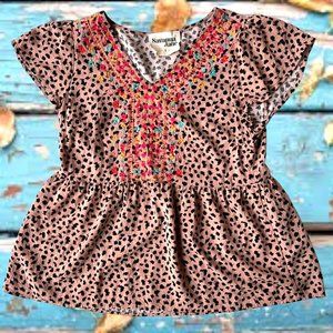 Savanna Jane Leopard Print Blouse Sz S Embroidered Artsy Flowy Sleeves Boho Fest